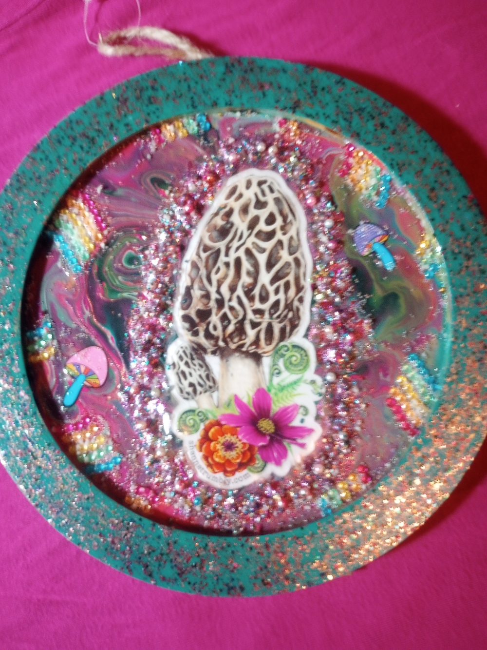 Handmade Mixed Media Mushroom Wall Art – Teal, Pink & Multicolor